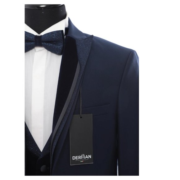 Derman Double Breasted Classic Silvery Collar Navy Tuxedo - Picture 2 of 2
